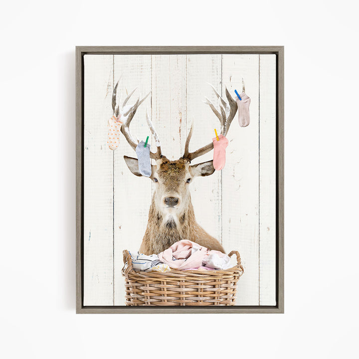Deer With On Laundry Basket with Laundry Socks - Farmhouse Wall