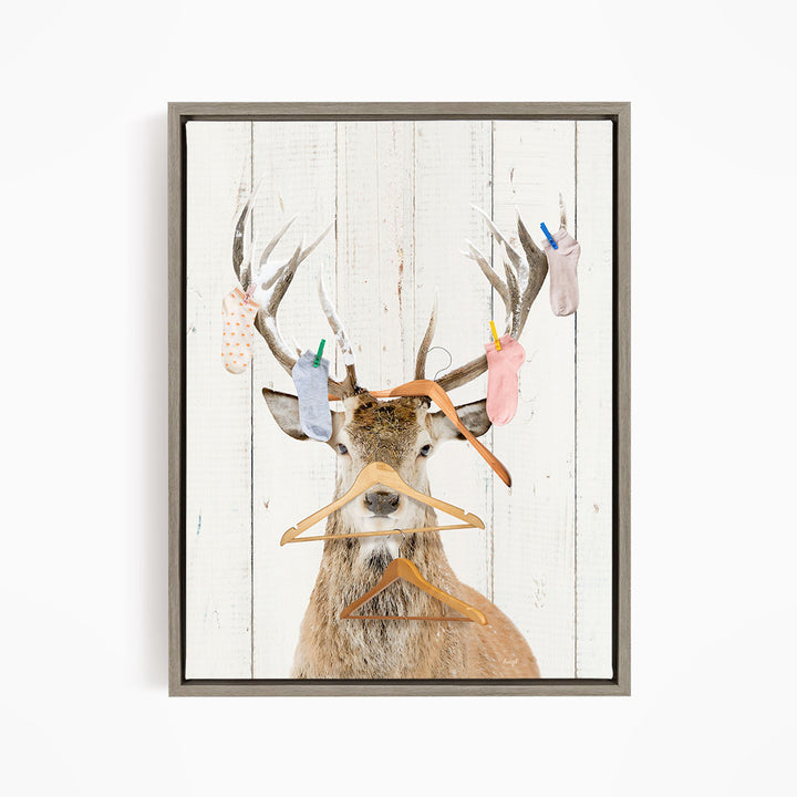 Deer with Laundry Socks and Clothes Hangers - Farmhouse Wall