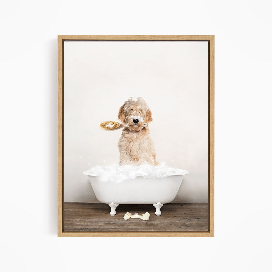 Blonde Labradoodle in Rustic Bath Style Lots of Foamy Bubbles