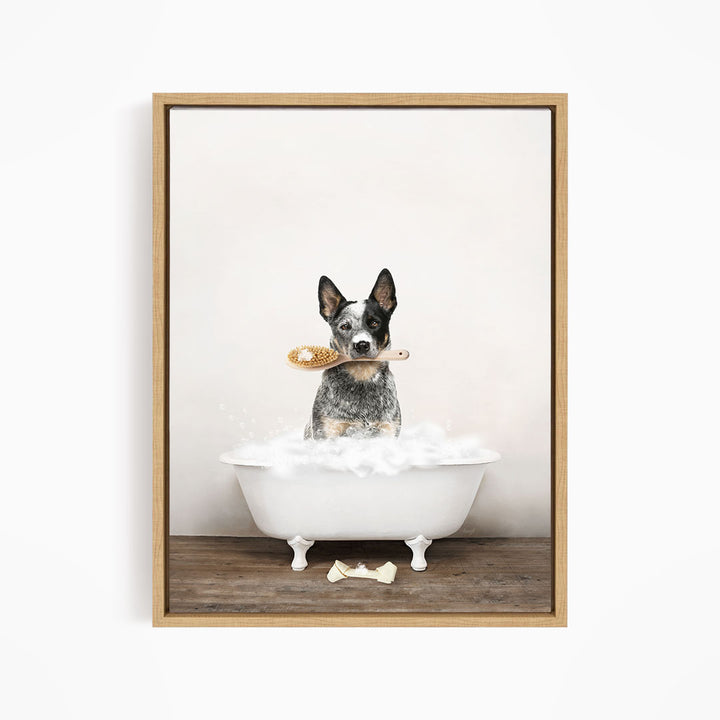 Cattle Dog in Rustic Bath Style Lots of Foamy Bubbles