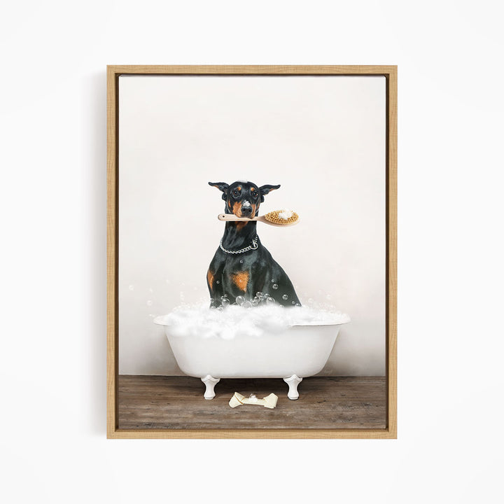 Doberman Pinscher in Rustic Bath Style Lots of Foamy Bubbles