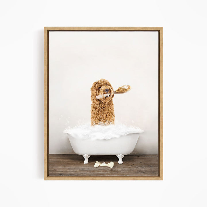 Golden Labradoodle in Rustic Bath Style Lots of Foamy Bubbles