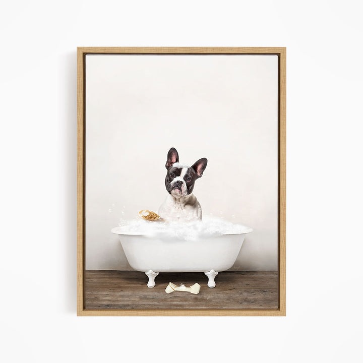 French Bulldog in Rustic Bath Style Lots of Foamy Bubbles