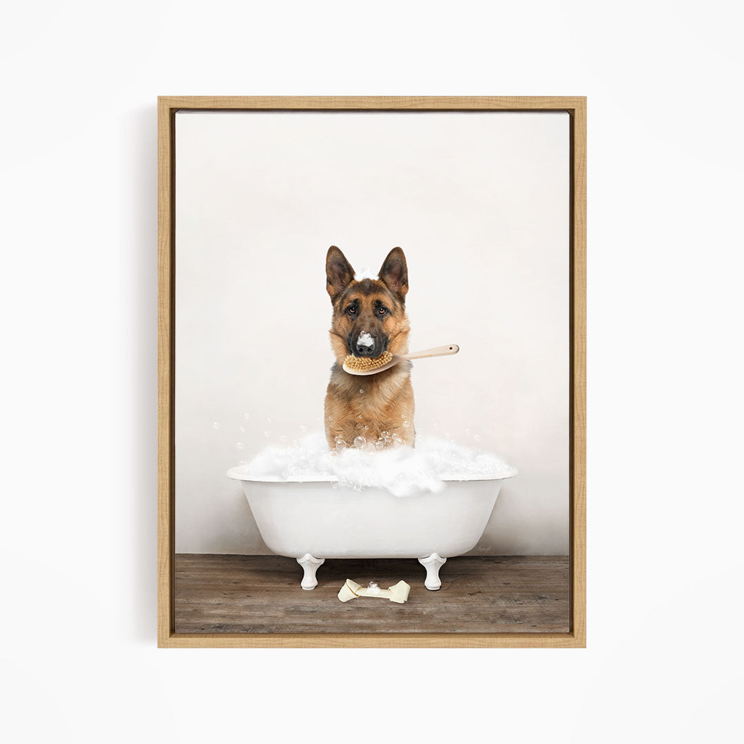 German Shepherd in Rustic Bath Style Lots of Foamy Bubbles