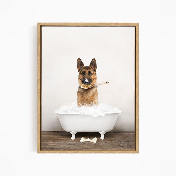 German Shepherd in Rustic Bath Style Lots of Foamy Bubbles