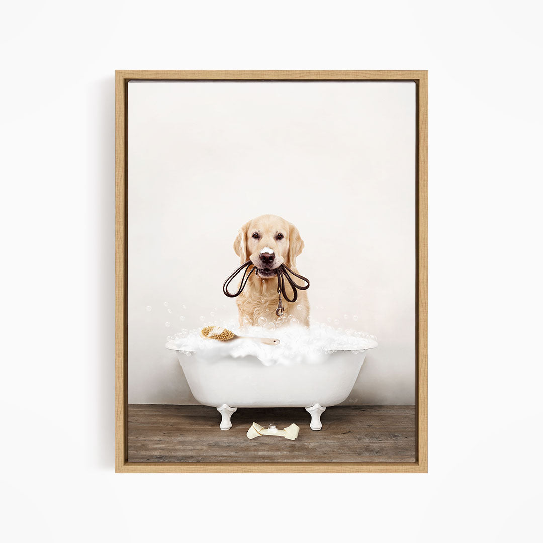 Golden Retriever in Rustic Bath Style Lots of Foamy Bubbles
