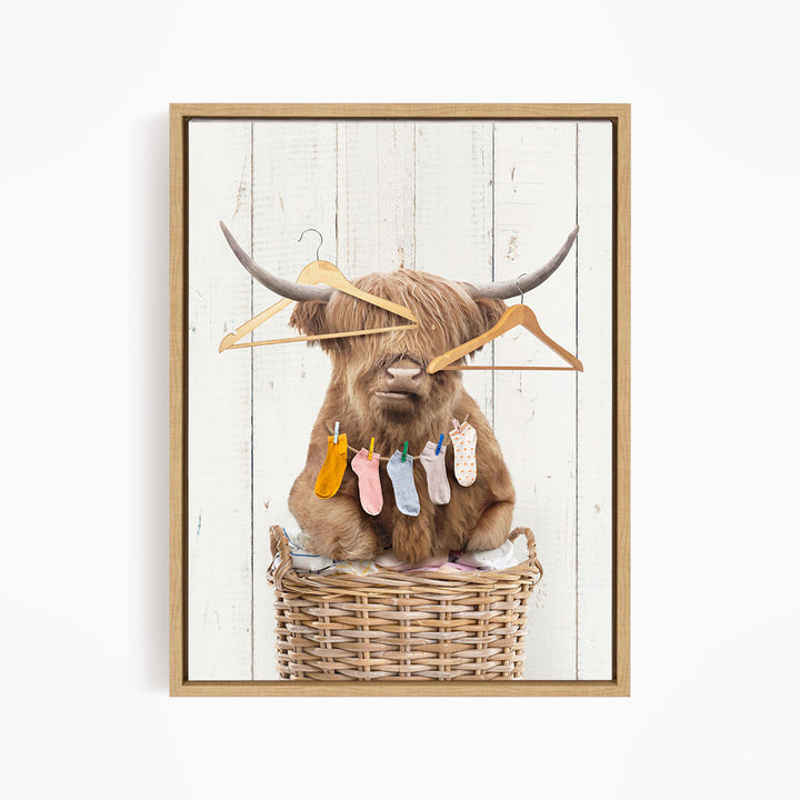 Highland Cow On Laundry Basket with Clothes Hangers and Lost Socks - Farmhouse Wall