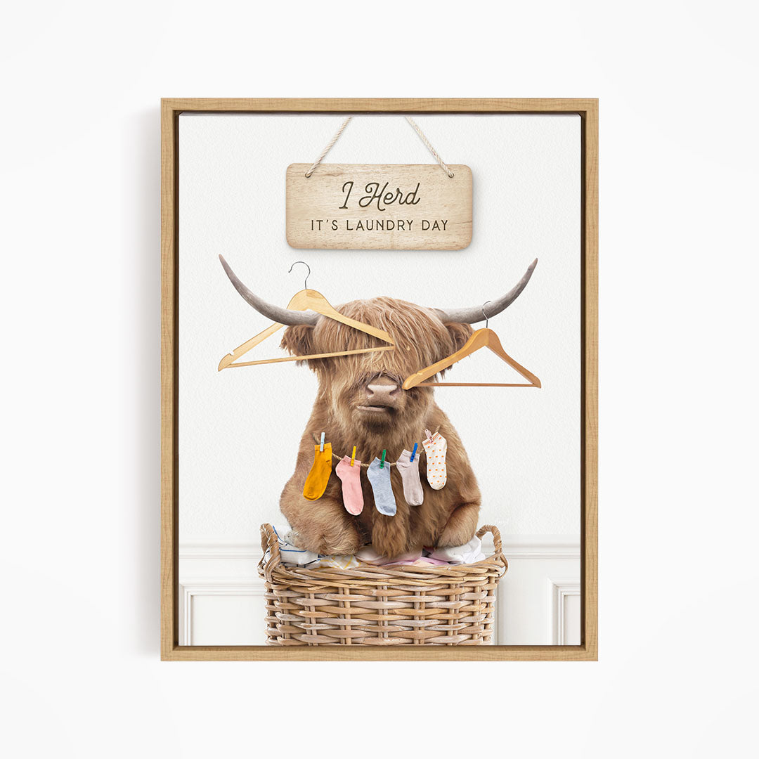 Highland Cow On Laundry Basket with Hangers and Socks "I Herd It's Laundry Day"