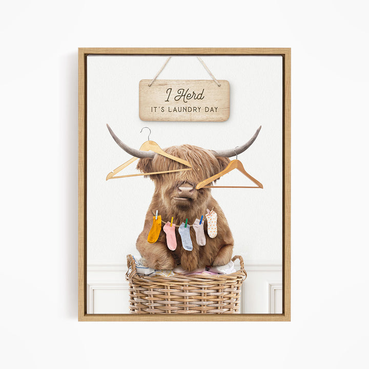 Highland Cow On Laundry Basket with Hangers and Socks "I Herd It's Laundry Day"