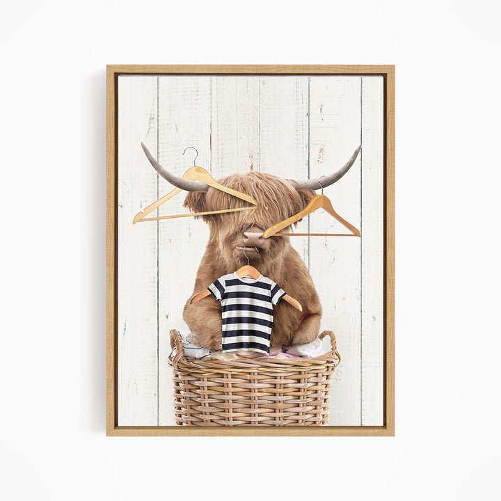 Highland Cow On Laundry Basket with Clothes Hangers - Farmhouse Wall