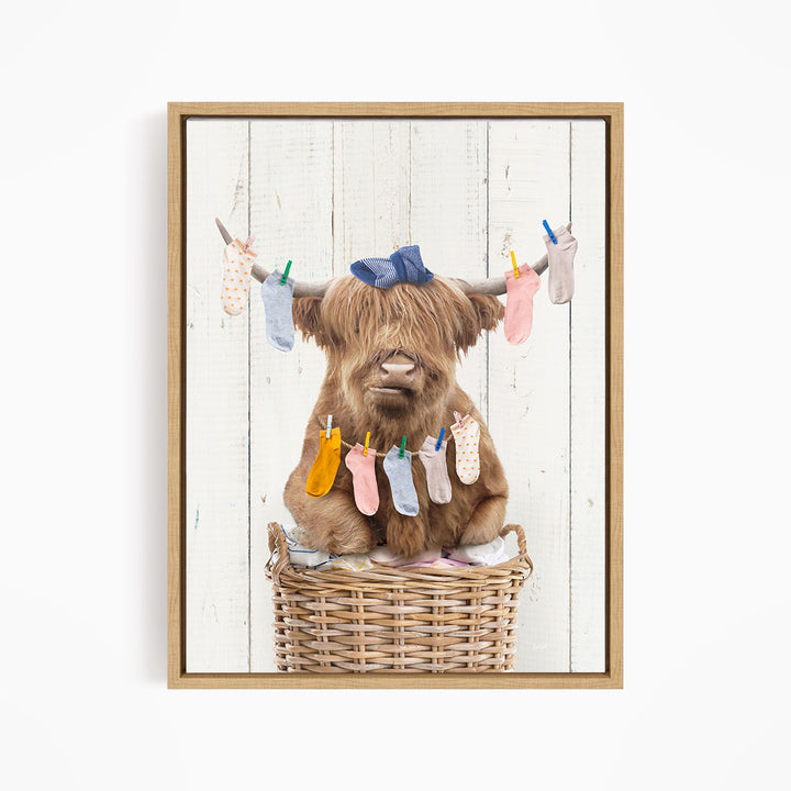 Highland Cow On Laundry Basket with Laundry Socks - Farmhouse Wall