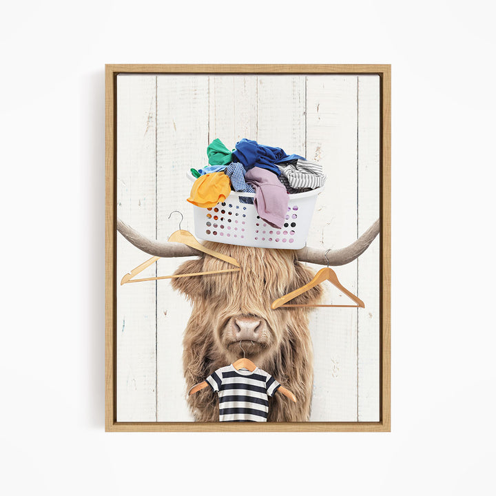 Highland Cow With Laundry Basket On Head and Clothes Hangers - Farmhouse Wall