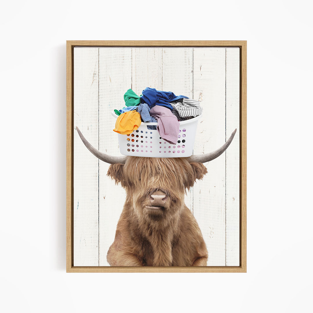 Highland Cow With Laundry Basket On Head - Farmhouse Wall