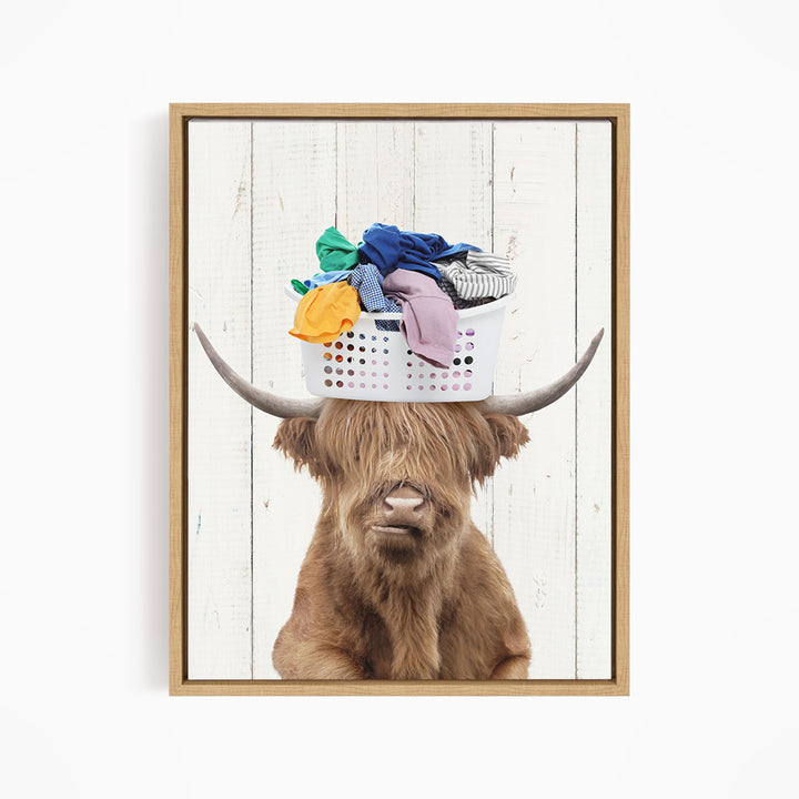 Highland Cow With Laundry Basket On Head - Farmhouse Wall