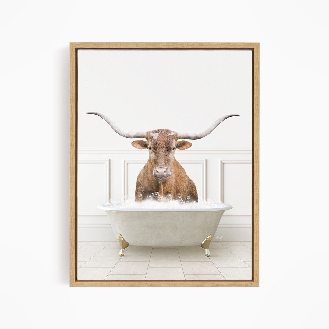 Texas Longhorn Cow in Modern Neutral Bath