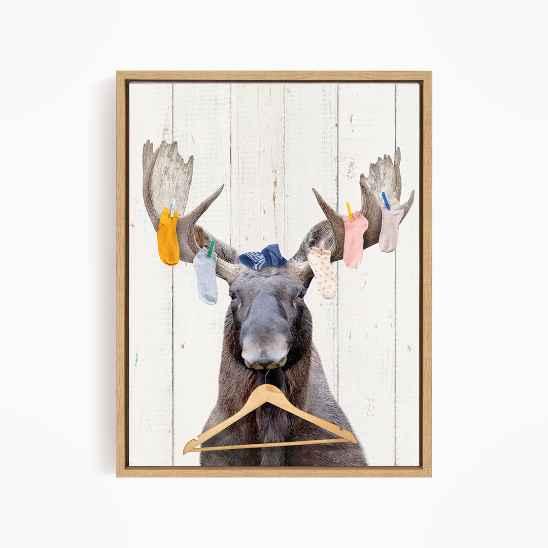 Moose With Lost Laundry Socks and Clothes Hanger - Farmhouse Wall