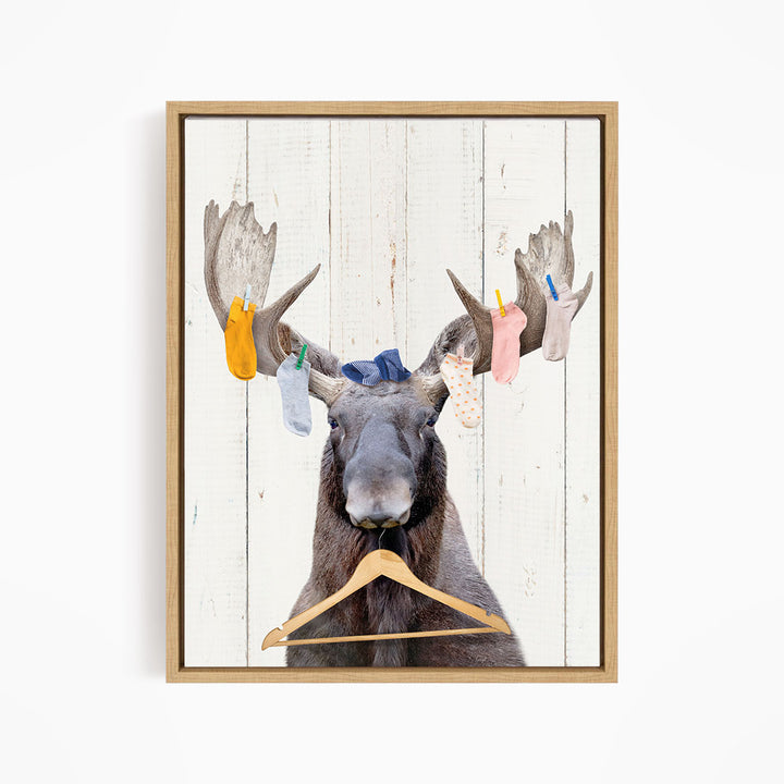Moose With Lost Laundry Socks and Clothes Hanger - Farmhouse Wall