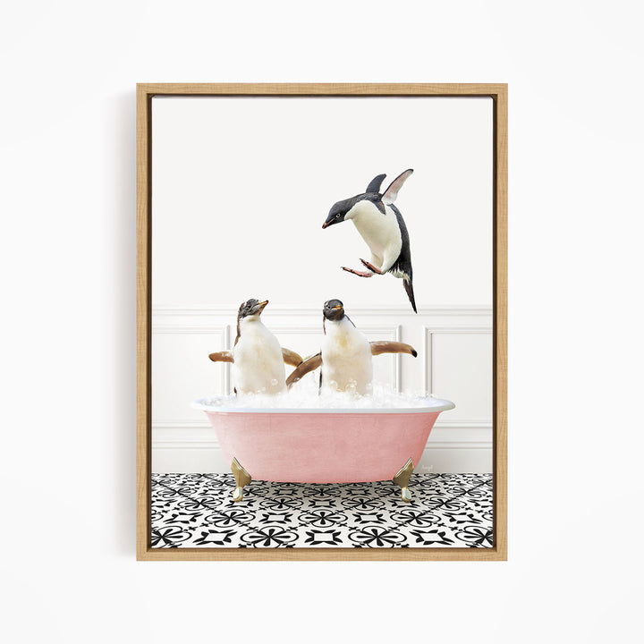 Penguins Playing in Stencil Tile with Pink Bathtub Bath