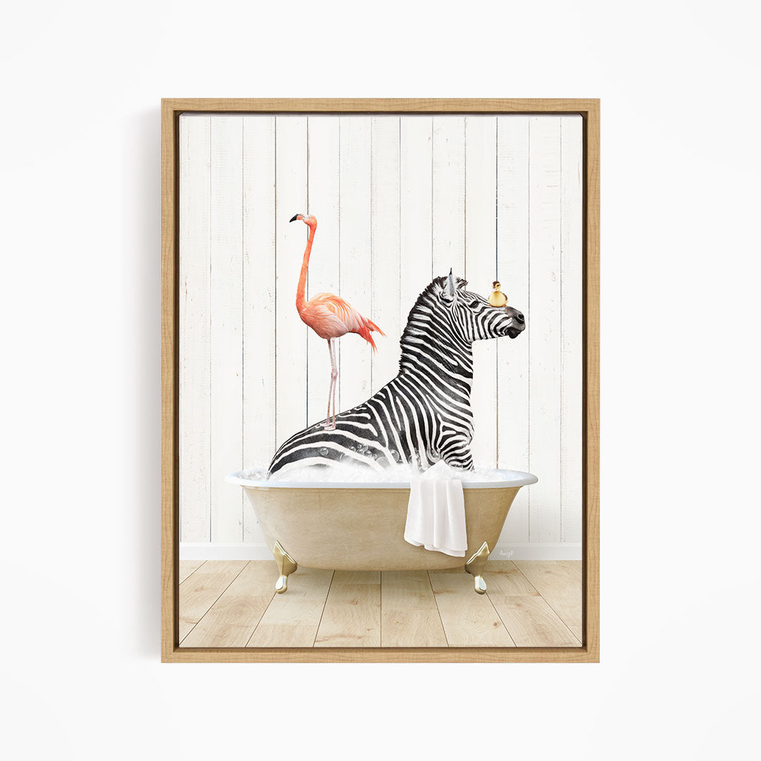 Zebra and Flamingo in Farmhouse Bath