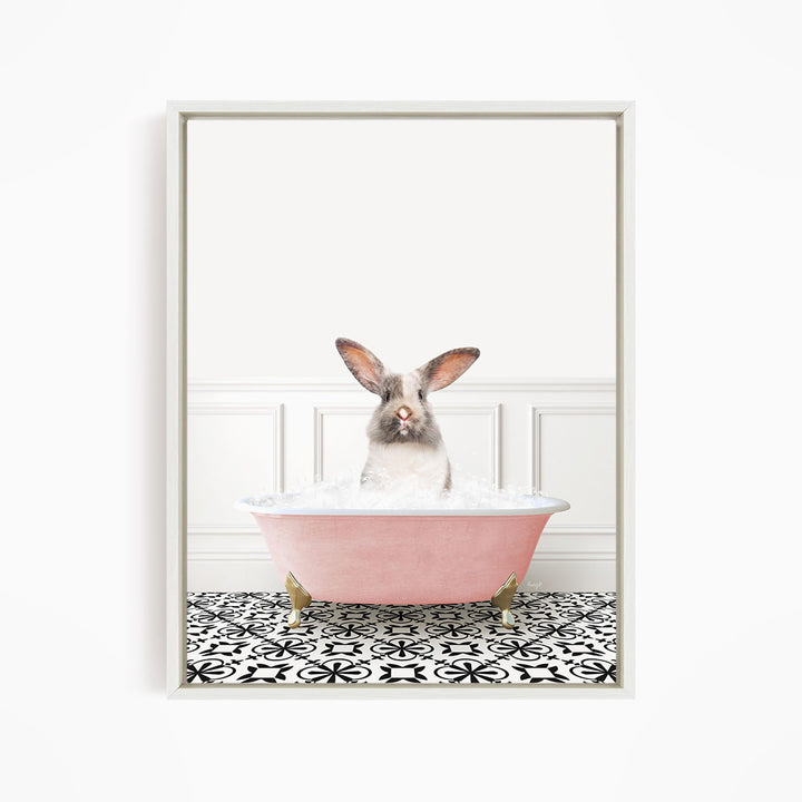 Bunny in Stencil Tile with Pink Bathtub Bath