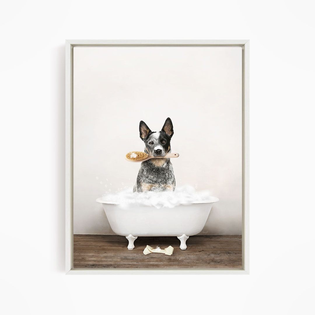 Cattle Dog in Rustic Bath Style Lots of Foamy Bubbles