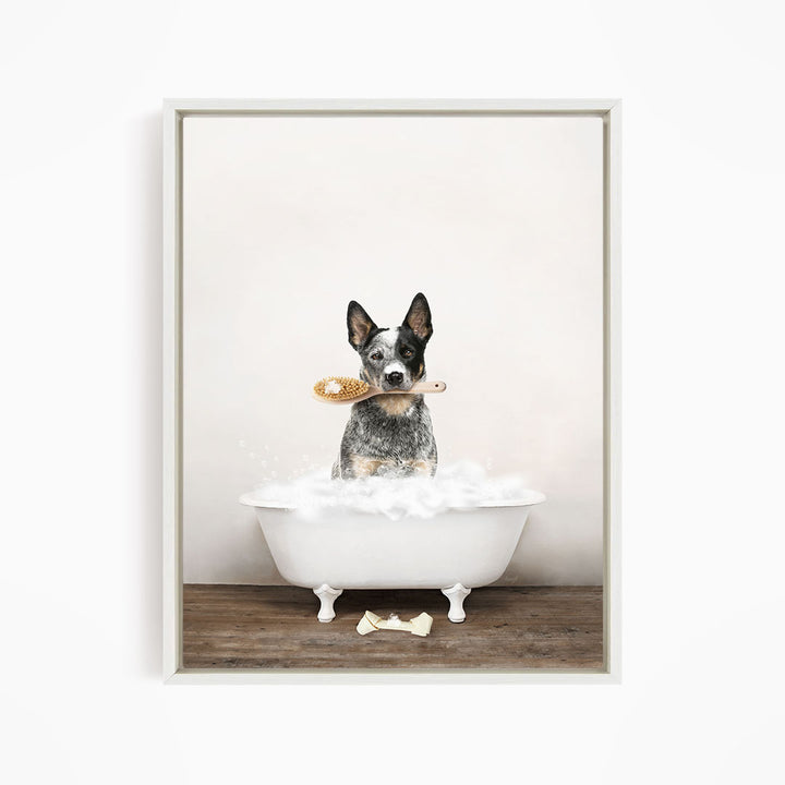 Cattle Dog in Rustic Bath Style Lots of Foamy Bubbles