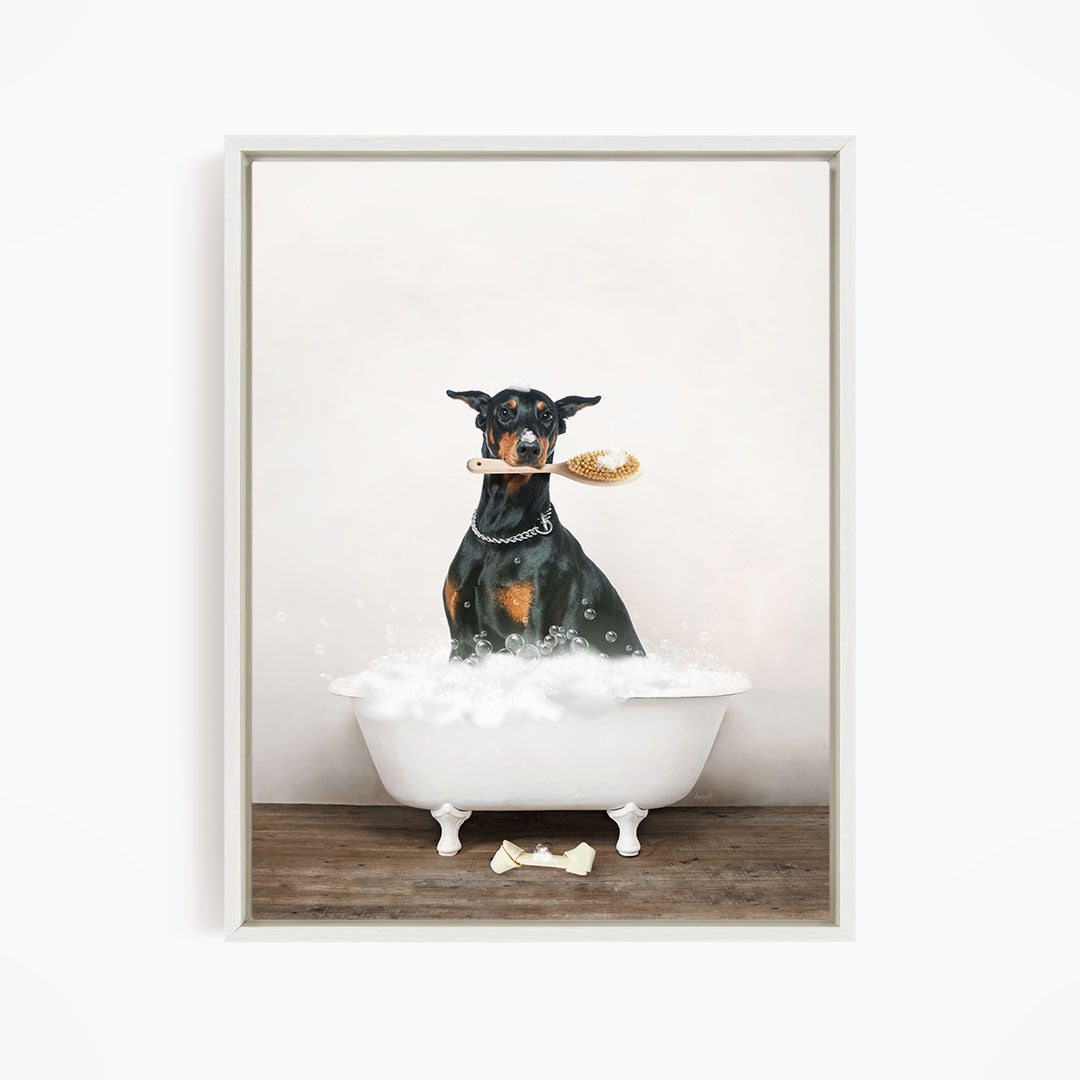 Doberman Pinscher in Rustic Bath Style Lots of Foamy Bubbles
