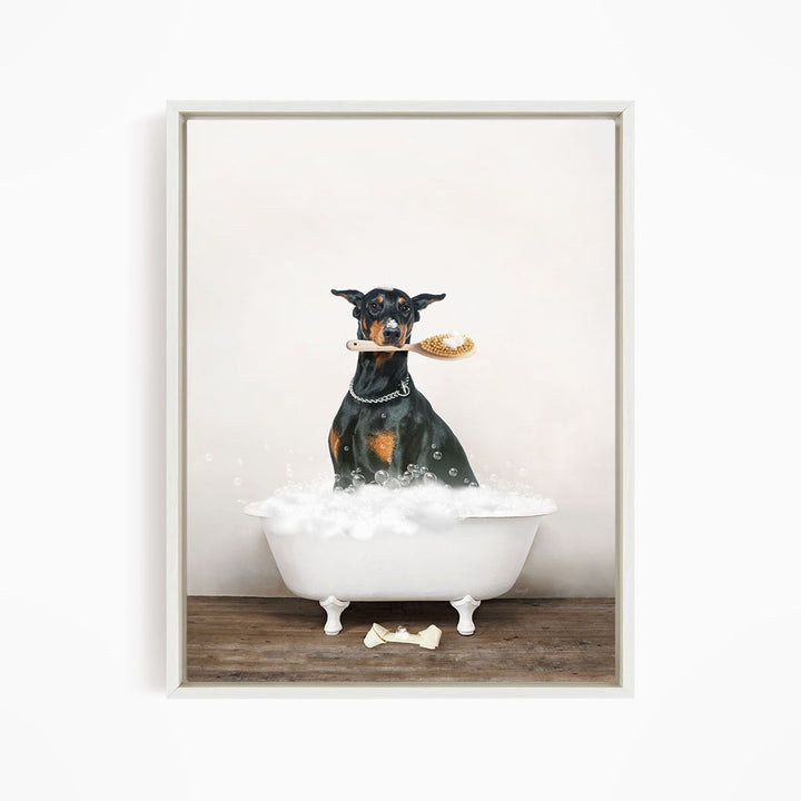 Doberman Pinscher in Rustic Bath Style Lots of Foamy Bubbles