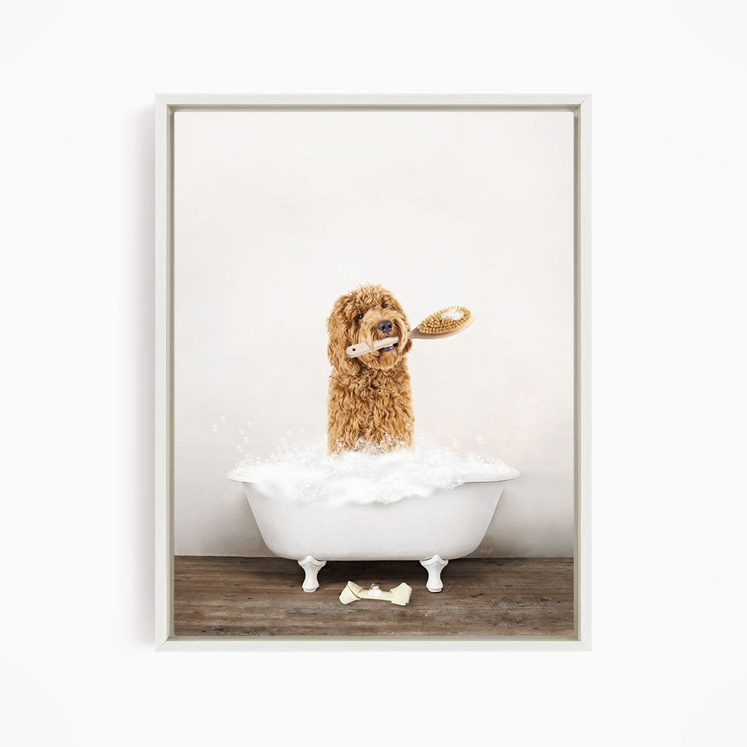 Golden Labradoodle in Rustic Bath Style Lots of Foamy Bubbles