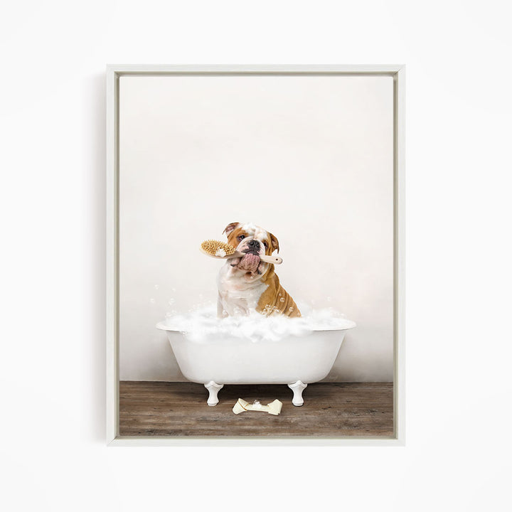 English Bulldog in Rustic Bath Style Lots of Foamy Bubbles