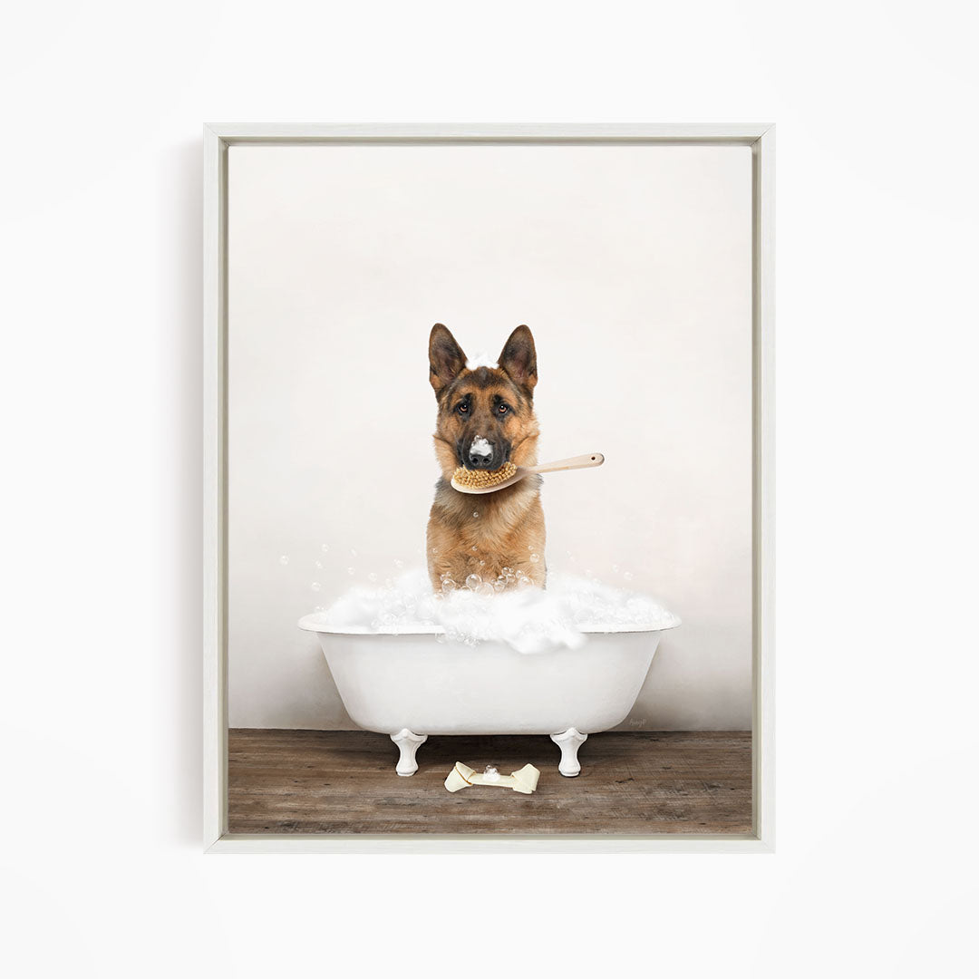 German Shepherd in Rustic Bath Style Lots of Foamy Bubbles