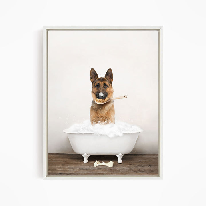 German Shepherd in Rustic Bath Style Lots of Foamy Bubbles