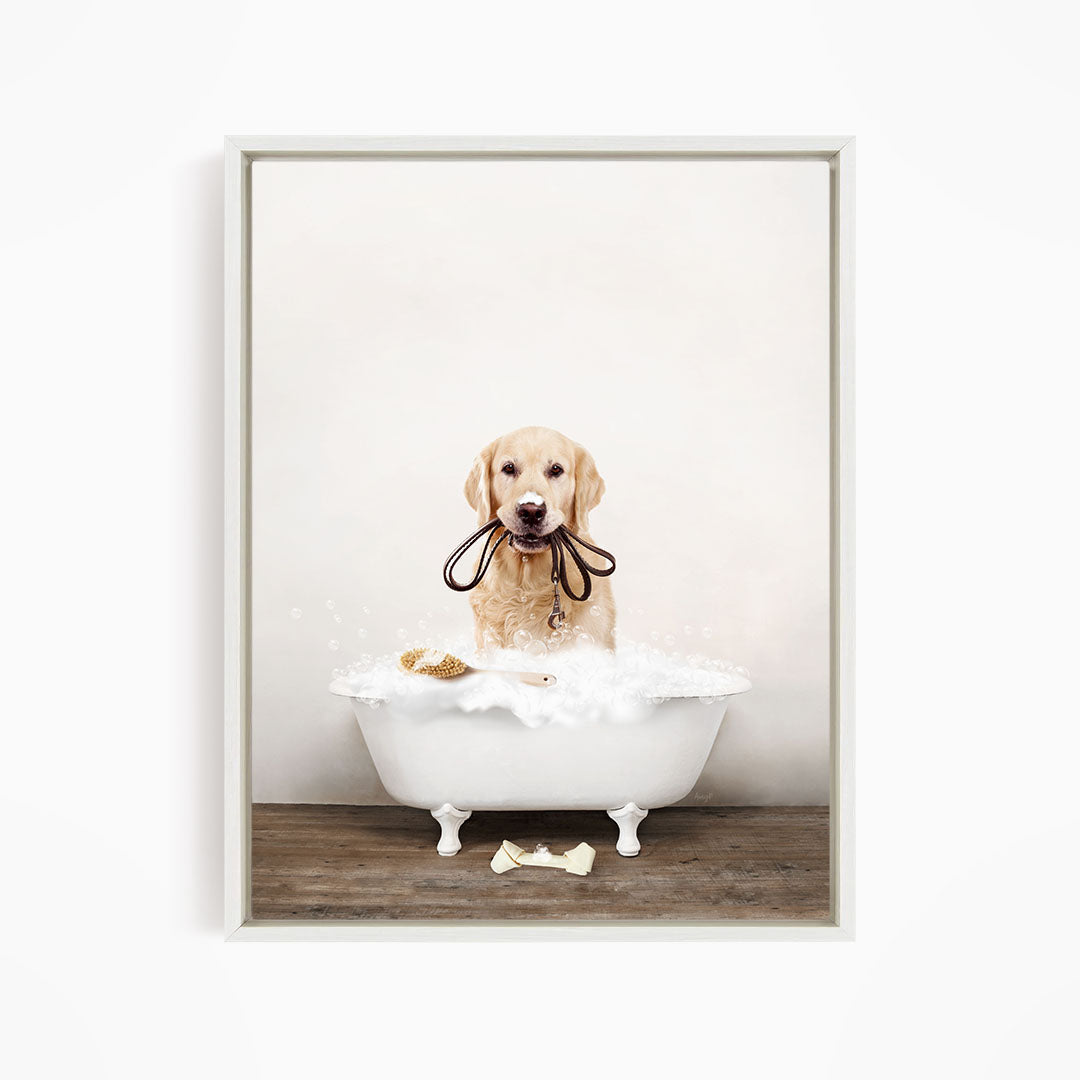 Golden Retriever in Rustic Bath Style Lots of Foamy Bubbles