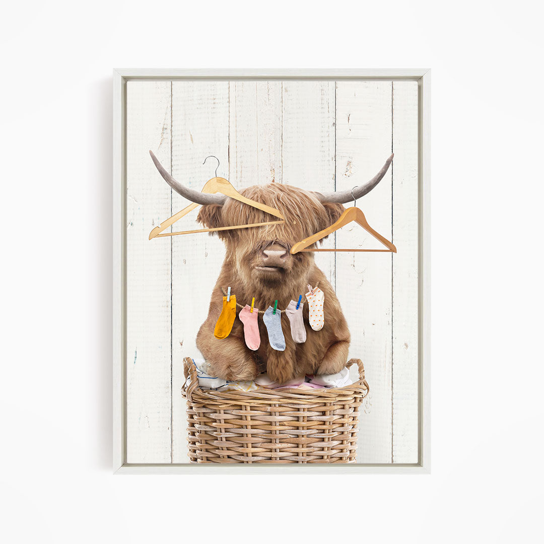 Highland Cow On Laundry Basket with Clothes Hangers and Lost Socks - Farmhouse Wall