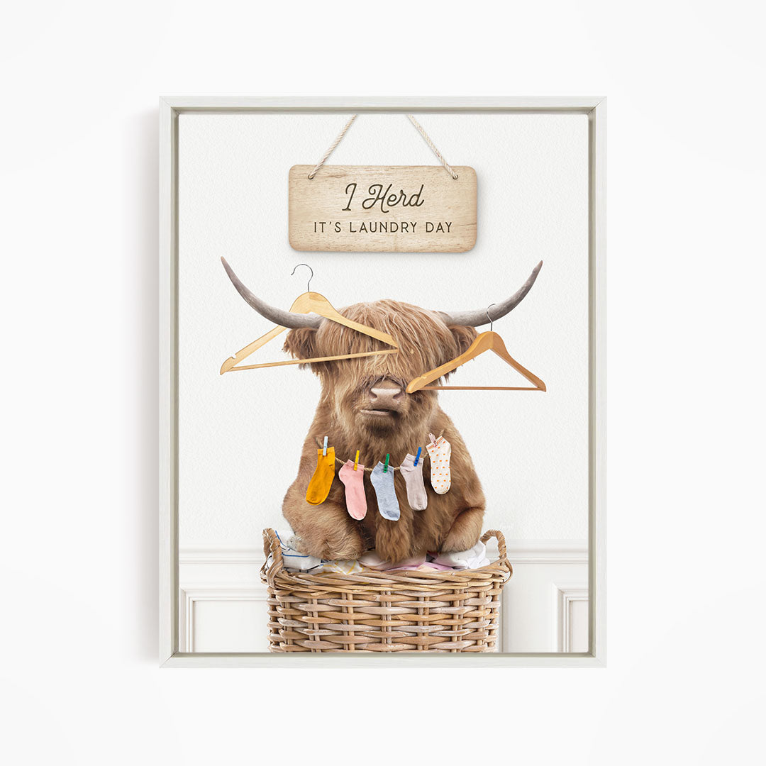 Highland Cow On Laundry Basket with Hangers and Socks "I Herd It's Laundry Day"