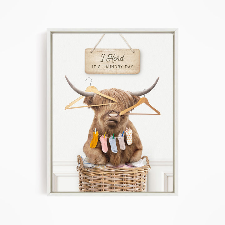 Highland Cow On Laundry Basket with Hangers and Socks "I Herd It's Laundry Day"