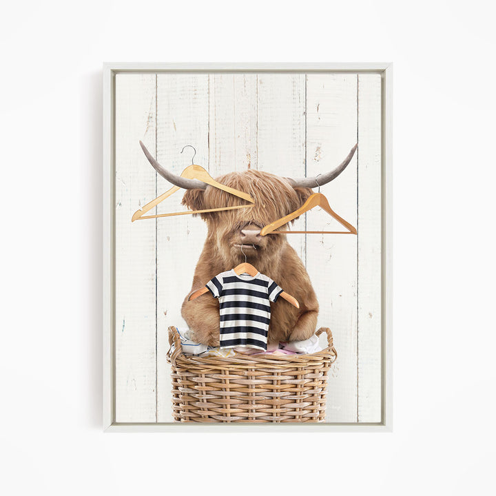 Highland Cow On Laundry Basket with Clothes Hangers - Farmhouse Wall