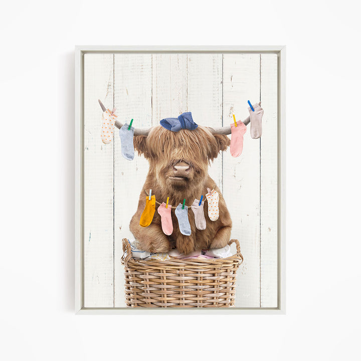 Highland Cow On Laundry Basket with Laundry Socks - Farmhouse Wall