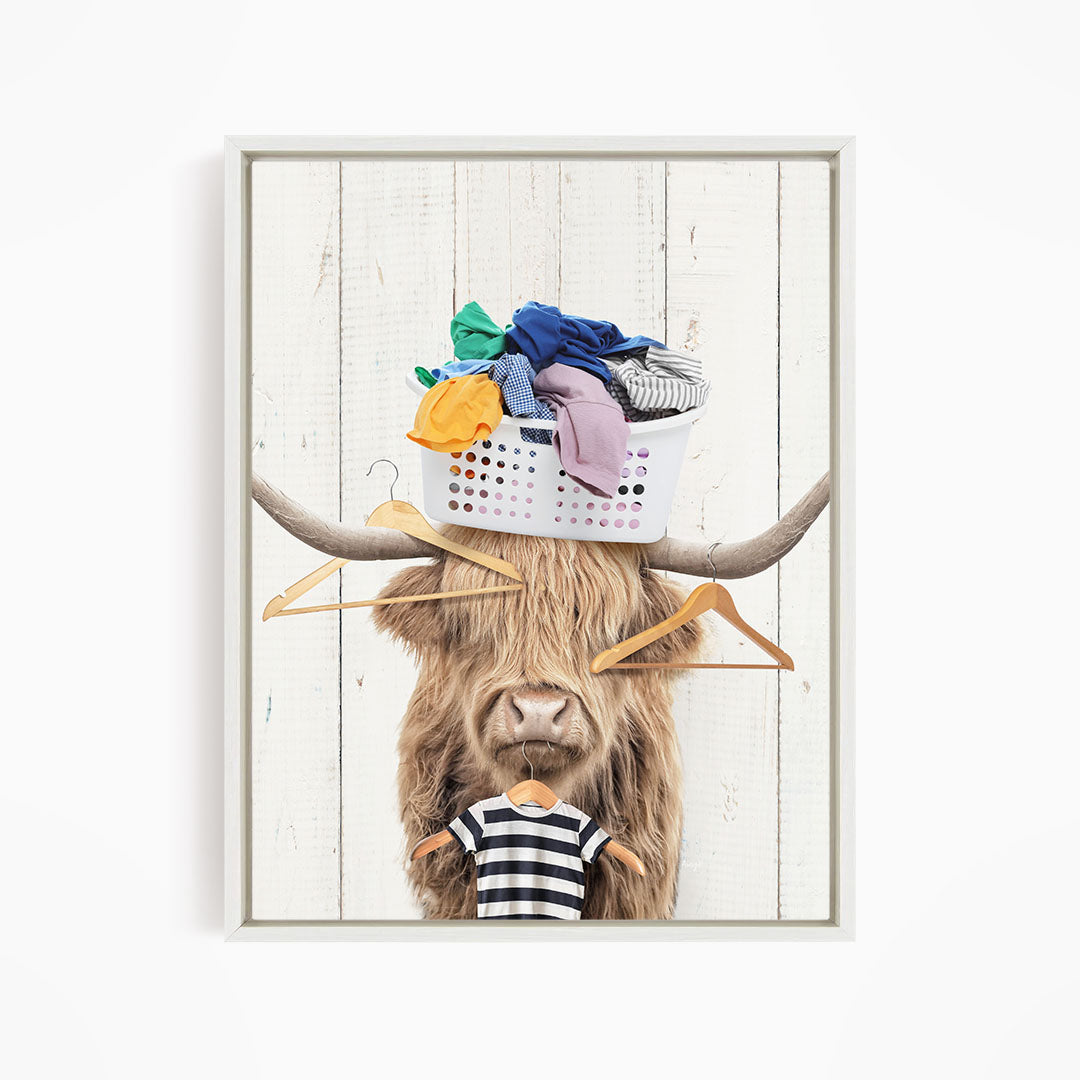 Highland Cow With Laundry Basket On Head and Clothes Hangers - Farmhouse Wall