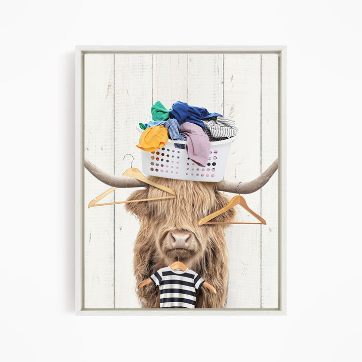 Highland Cow With Laundry Basket On Head and Clothes Hangers - Farmhouse Wall
