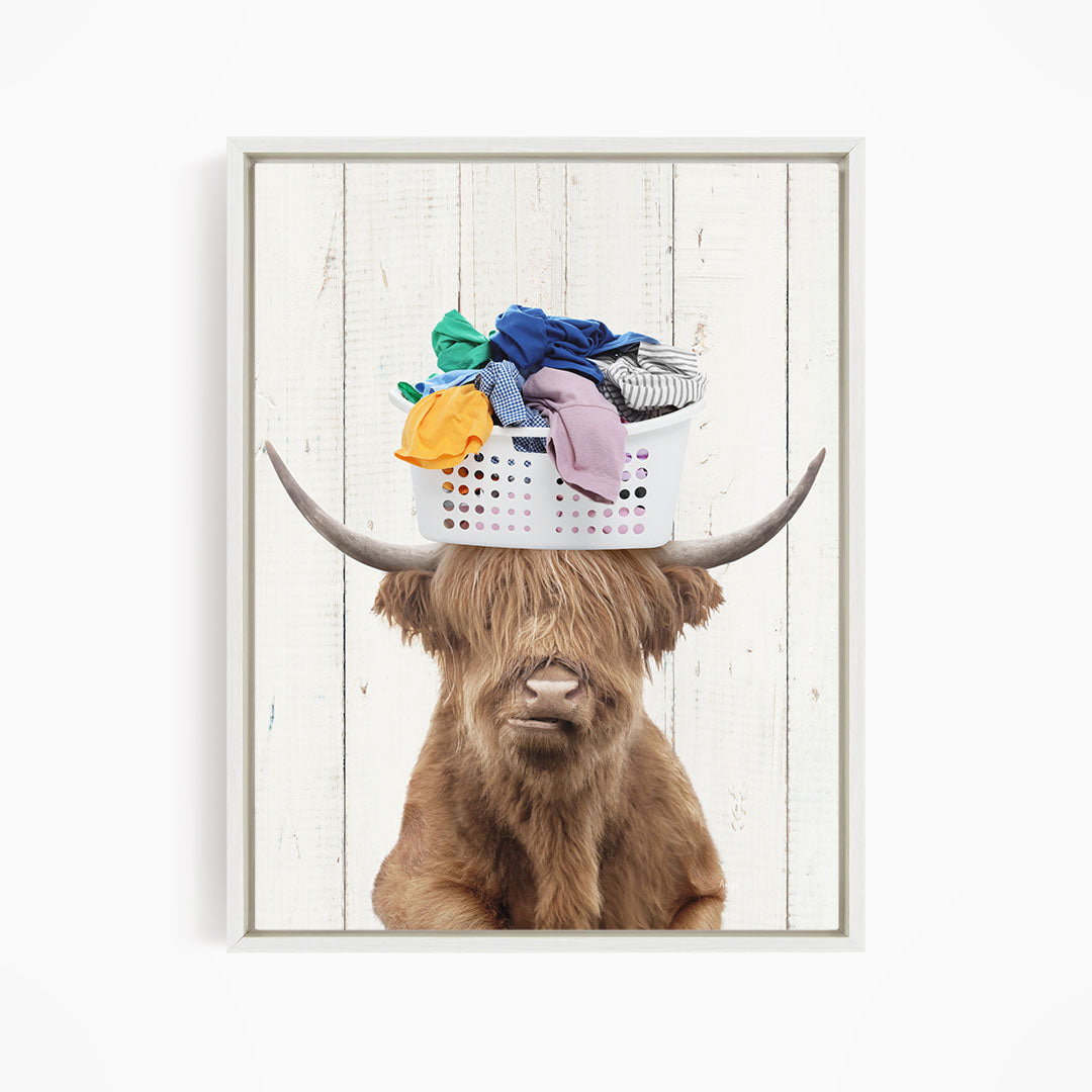 Highland Cow With Laundry Basket On Head - Farmhouse Wall