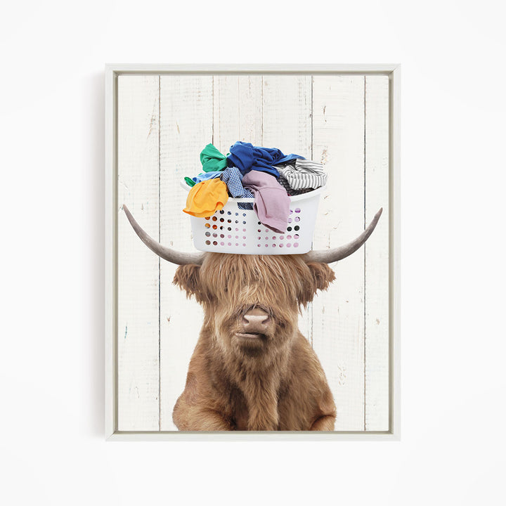 Highland Cow With Laundry Basket On Head - Farmhouse Wall