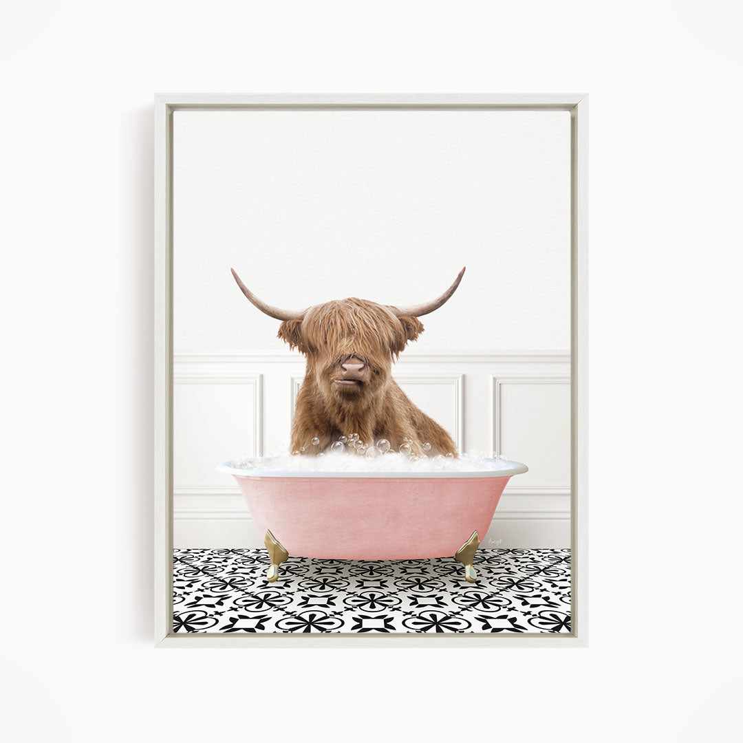 Highland Cow in Stencil Tile with Pink Bathtub Bath