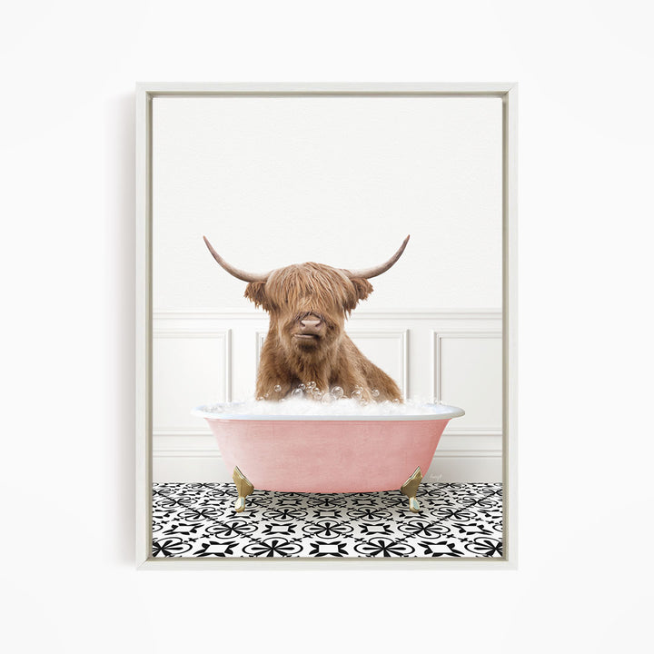 Highland Cow in Stencil Tile with Pink Bathtub Bath