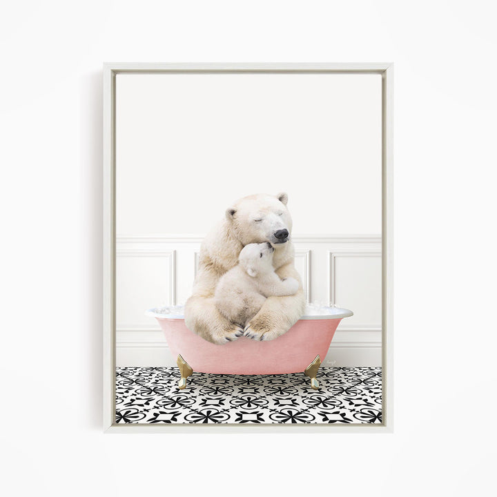 Mother and Baby Polar Bear in Stencil Tile with Pink Bathtub Bath