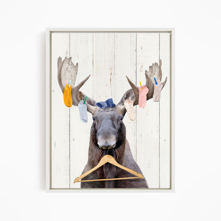 Moose With Lost Laundry Socks and Clothes Hanger - Farmhouse Wall
