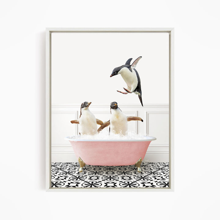 Penguins Playing in Stencil Tile with Pink Bathtub Bath