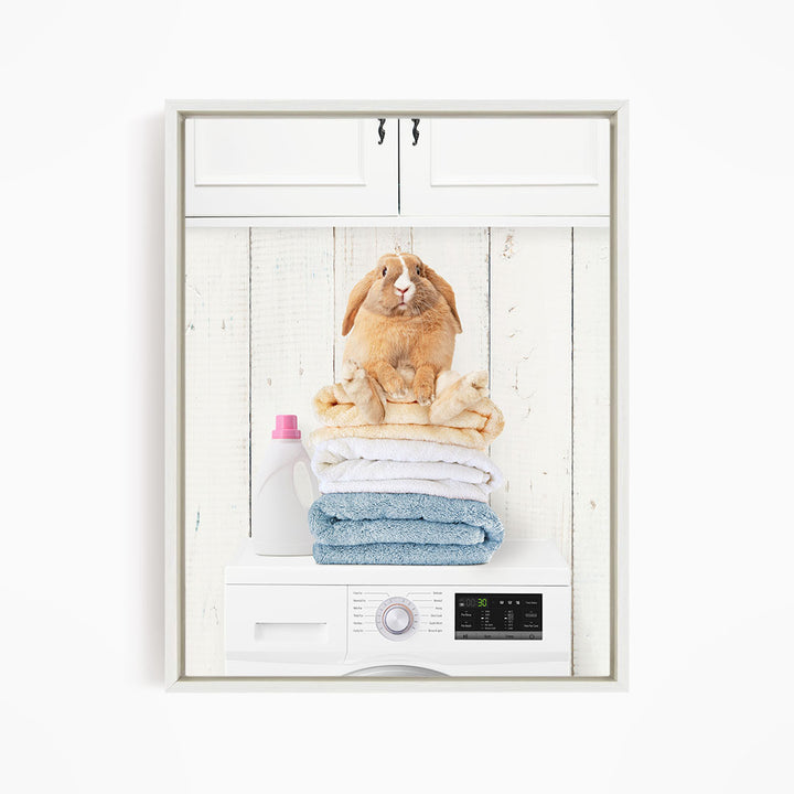 Pudgy Bunny on Folded Towels on Washing Machine - Farmhouse Wall