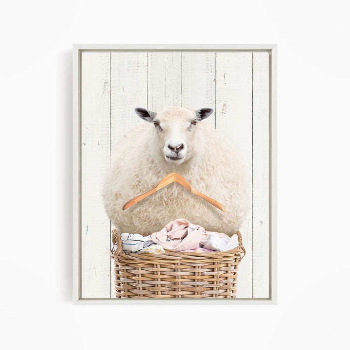 Sheep On Laundry Basket With Clothes Hanger - Farmhouse Wall