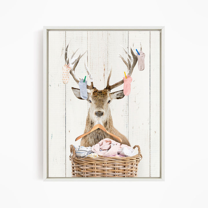 Deer On Laundry Basket with Laundry Socks and Clothes Hanger - Farmhouse Wall